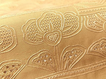 平和屋着物●中国三大刺繍　スワトウ相良刺繍　総刺繍　九寸名古屋帯　紬地　色紙吉祥花文　飴色　正絹　逸品　未使用　CABK4571vp