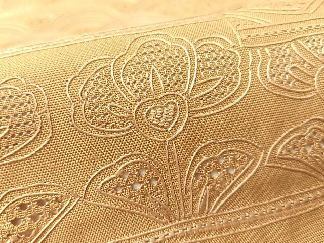 平和屋着物●中国三大刺繍　スワトウ相良刺繍　総刺繍　九寸名古屋帯　紬地　色紙吉祥花文　飴色　正絹　逸品　未使用　CABK4571vp