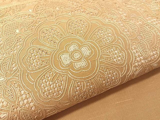 平和屋着物●中国三大刺繍　スワトウ相良刺繍　総刺繍　九寸名古屋帯　紬地　色紙吉祥花文　飴色　正絹　逸品　未使用　CABK4571vp