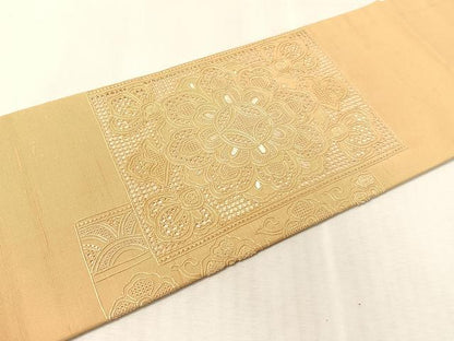 平和屋着物●中国三大刺繍　スワトウ相良刺繍　総刺繍　九寸名古屋帯　紬地　色紙吉祥花文　飴色　正絹　逸品　未使用　CABK4571vp