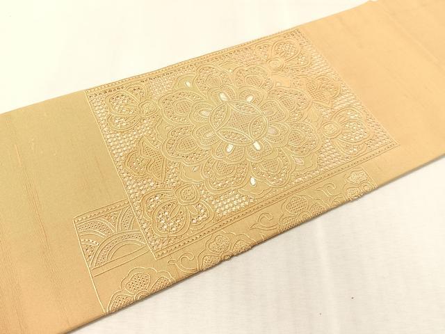 平和屋着物●中国三大刺繍　スワトウ相良刺繍　総刺繍　九寸名古屋帯　紬地　色紙吉祥花文　飴色　正絹　逸品　未使用　CABK4571vp