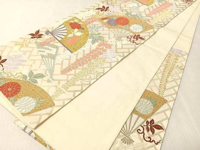 平和屋着物●六通柄袋帯　唐織　能装扇面藤花文　金銀糸　正絹　逸品　CABK4578vp