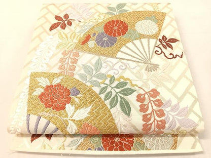 平和屋着物●六通柄袋帯　唐織　能装扇面藤花文　金銀糸　正絹　逸品　CABK4578vp