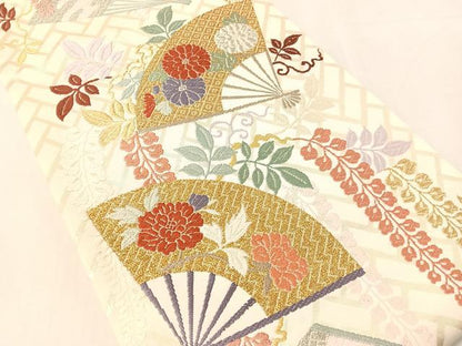 平和屋着物●六通柄袋帯　唐織　能装扇面藤花文　金銀糸　正絹　逸品　CABK4578vp