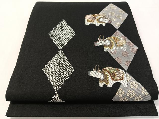 平和屋着物●九寸開き名古屋帯　十二支　丑　黒地　金糸　正絹　逸品　CABK4579vp