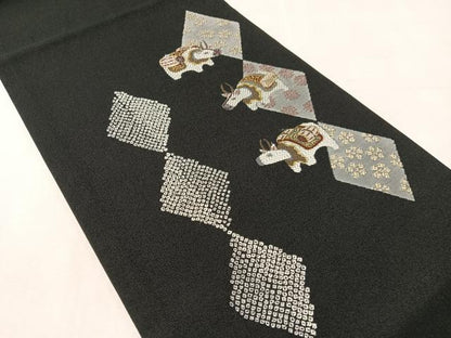 平和屋着物●九寸開き名古屋帯　十二支　丑　黒地　金糸　正絹　逸品　CABK4579vp