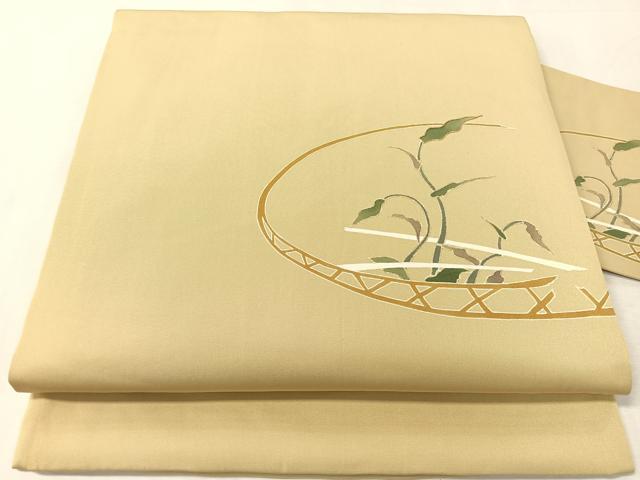 平和屋着物●塩瀬　九寸名古屋帯　駒刺繍　草木文　木蘭色地　金彩　正絹　逸品　CABK4588vp