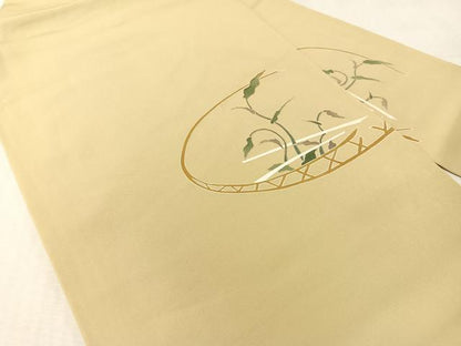 平和屋着物●塩瀬　九寸名古屋帯　駒刺繍　草木文　木蘭色地　金彩　正絹　逸品　CABK4588vp