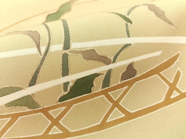 平和屋着物●塩瀬　九寸名古屋帯　駒刺繍　草木文　木蘭色地　金彩　正絹　逸品　CABK4588vp