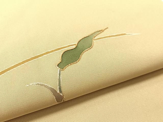平和屋着物●塩瀬　九寸名古屋帯　駒刺繍　草木文　木蘭色地　金彩　正絹　逸品　CABK4588vp