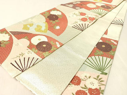 平和屋着物●佐賀錦　西陣　河合美術織物謹製　六通柄袋帯　唐織　扇面花文　金銀糸　正絹　逸品　未使用　CABK4600vp