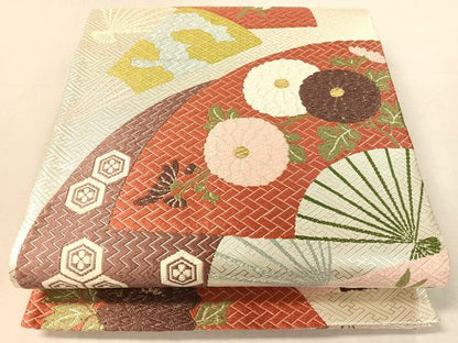 平和屋着物●佐賀錦　西陣　河合美術織物謹製　六通柄袋帯　唐織　扇面花文　金銀糸　正絹　逸品　未使用　CABK4600vp