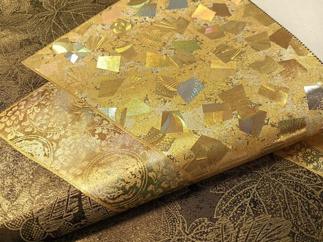 平和屋着物●金彩友禅作家　金彩の魔術師　堀省平　金煌織　太鼓柄袋帯　色紙重ね葡萄文　引箔　正絹　逸品　CABK4617vp