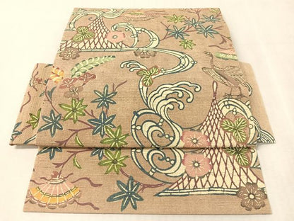 平和屋着物●つけ帯　紬地　型染め　立波花鳥文　正絹　逸品　未使用　CABK4632vp