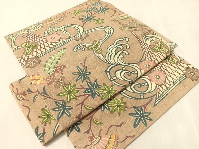 平和屋着物●つけ帯　紬地　型染め　立波花鳥文　正絹　逸品　未使用　CABK4632vp
