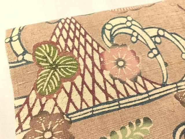平和屋着物●つけ帯　紬地　型染め　立波花鳥文　正絹　逸品　未使用　CABK4632vp
