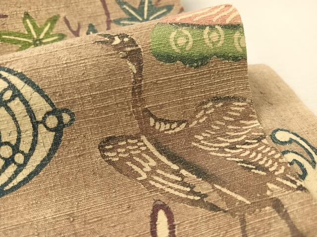 平和屋着物●つけ帯　紬地　型染め　立波花鳥文　正絹　逸品　未使用　CABK4632vp