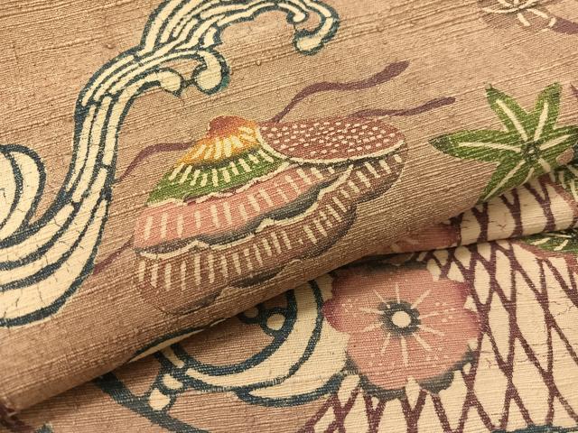 平和屋着物●つけ帯　紬地　型染め　立波花鳥文　正絹　逸品　未使用　CABK4632vp