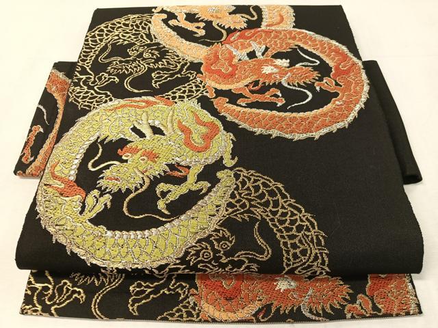 平和屋着物●アンティーク　大正ロマン　つけ帯　唐織　雲龍　黒地　金銀糸　正絹　逸品　CABK4633vp