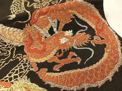平和屋着物●アンティーク　大正ロマン　つけ帯　唐織　雲龍　黒地　金銀糸　正絹　逸品　CABK4633vp