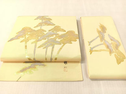 平和屋着物●東京手描友禅　安達雅一　塩瀬　つけ帯　松　金彩　正絹　逸品　CABK4634vp