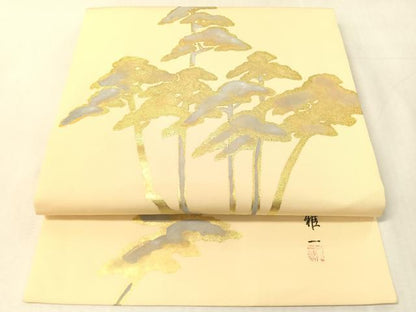 平和屋着物●東京手描友禅　安達雅一　塩瀬　つけ帯　松　金彩　正絹　逸品　CABK4634vp