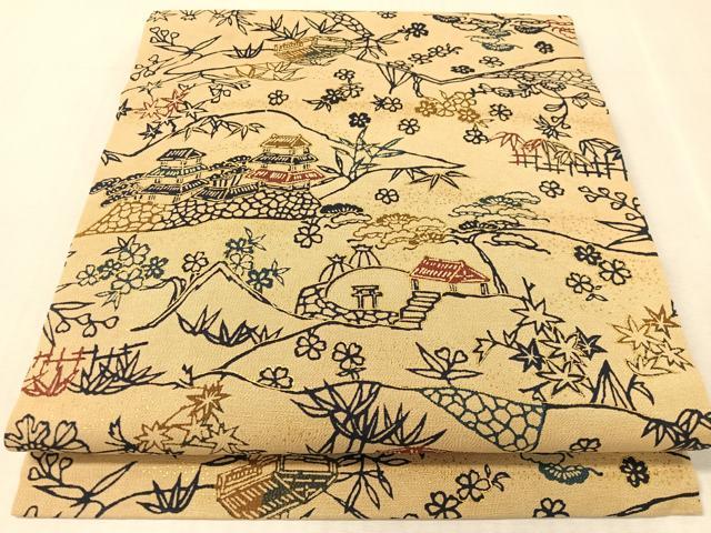 平和屋着物●つけ帯　型染め　風景花文　正絹　逸品　CABK4643vp