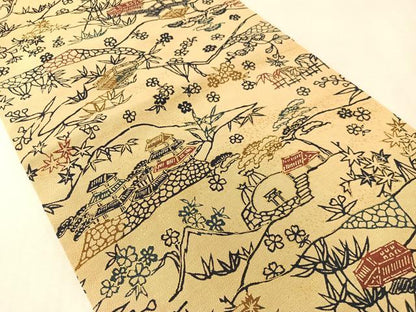 平和屋着物●つけ帯　型染め　風景花文　正絹　逸品　CABK4643vp