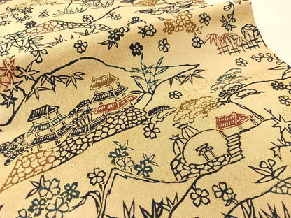 平和屋着物●つけ帯　型染め　風景花文　正絹　逸品　CABK4643vp