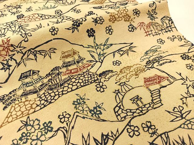 平和屋着物●つけ帯　型染め　風景花文　正絹　逸品　CABK4643vp