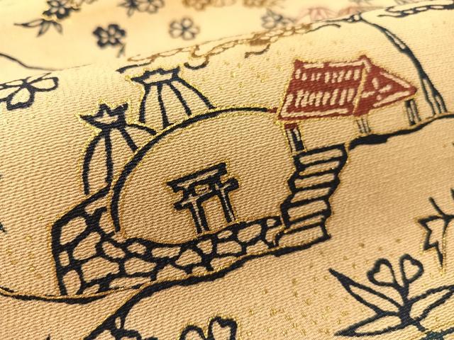 平和屋着物●つけ帯　型染め　風景花文　正絹　逸品　CABK4643vp