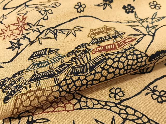 平和屋着物●つけ帯　型染め　風景花文　正絹　逸品　CABK4643vp