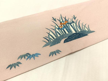 平和屋着物●九寸名古屋帯　刺繍　御所解文　金糸　鬼しぼ縮緬　正絹　逸品　CABK4650vp