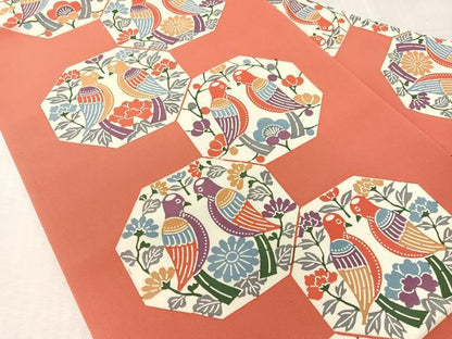 平和屋着物●塩瀬　全通柄　九寸名古屋帯　型染め　向かい鳥花文　正絹　逸品　未使用　CABK4651vp
