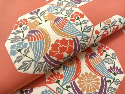 平和屋着物●塩瀬　全通柄　九寸名古屋帯　型染め　向かい鳥花文　正絹　逸品　未使用　CABK4651vp