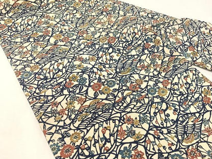 平和屋着物●九寸名古屋帯　紬地　草木染　型染め　草花文　正絹　逸品　CABK4656vp