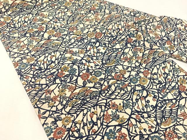 平和屋着物●九寸名古屋帯　紬地　草木染　型染め　草花文　正絹　逸品　CABK4656vp