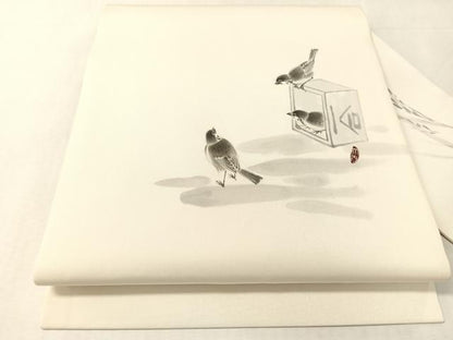 平和屋着物●塩瀬　九寸名古屋帯　作家物　手描き　雀　正絹　逸品　CABK4659vp