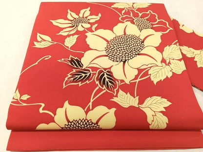 平和屋着物●塩瀬　全通柄　九寸名古屋帯　型染め　草花文　正絹　逸品　CABK4664vp