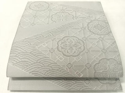 平和屋着物●八寸名古屋帯　綴れ　切嵌吉祥花文　桔梗鼠色　正絹　逸品　未使用　CABK4668vp