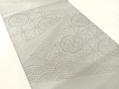 平和屋着物●八寸名古屋帯　綴れ　切嵌吉祥花文　桔梗鼠色　正絹　逸品　未使用　CABK4668vp