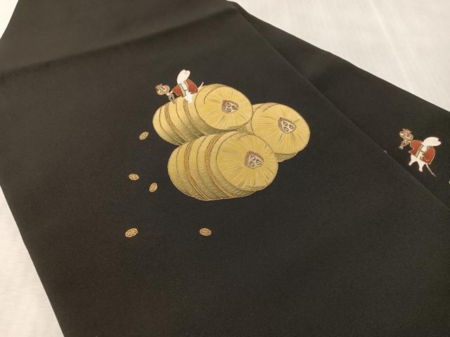 平和屋着物●塩瀬　九寸名古屋帯　狐　俵　黒地　金彩　正絹　逸品　CABK4670vp
