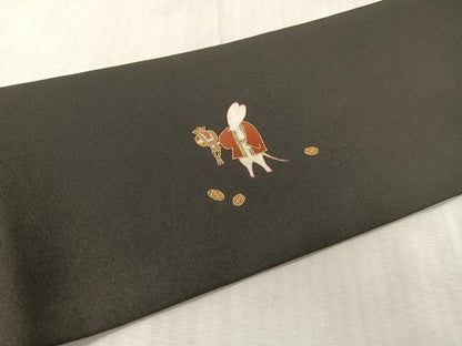 平和屋着物●塩瀬　九寸名古屋帯　狐　俵　黒地　金彩　正絹　逸品　CABK4670vp