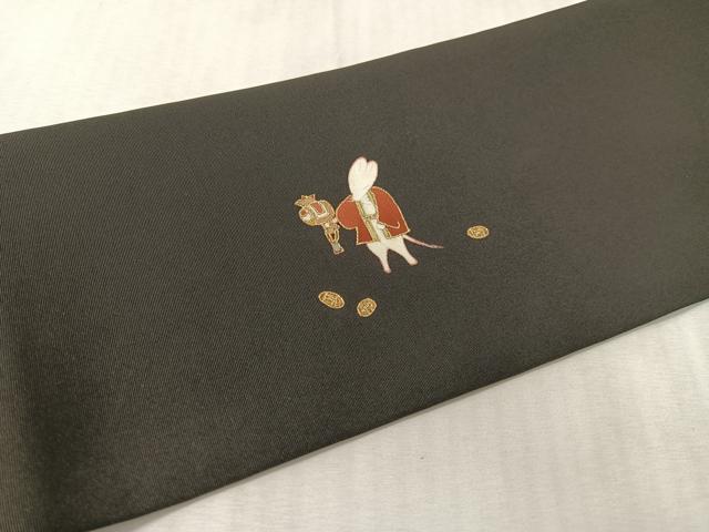 平和屋着物●塩瀬　九寸名古屋帯　狐　俵　黒地　金彩　正絹　逸品　CABK4670vp