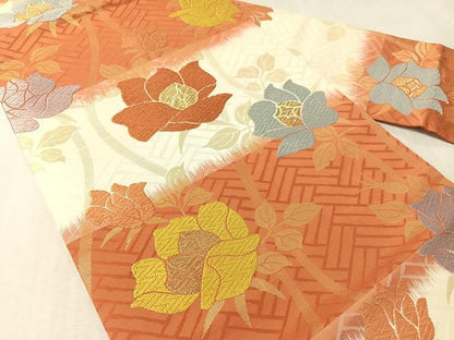 平和屋着物●九寸名古屋帯　唐織　横段花文　金糸　正絹　逸品　CABK4684vp