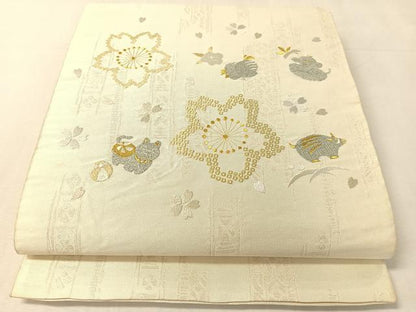 平和屋着物●太鼓柄袋帯　総刺繍　動物舞桜　金銀糸　正絹　逸品　CABK4694vp