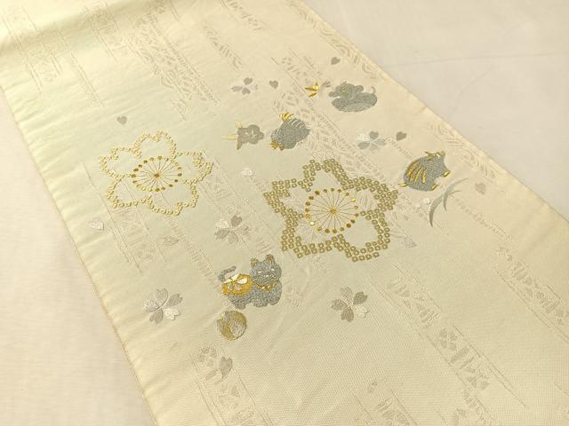 平和屋着物●太鼓柄袋帯　総刺繍　動物舞桜　金銀糸　正絹　逸品　CABK4694vp