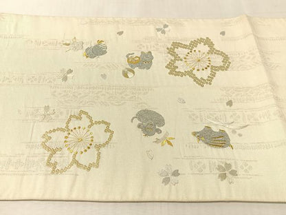 平和屋着物●太鼓柄袋帯　総刺繍　動物舞桜　金銀糸　正絹　逸品　CABK4694vp