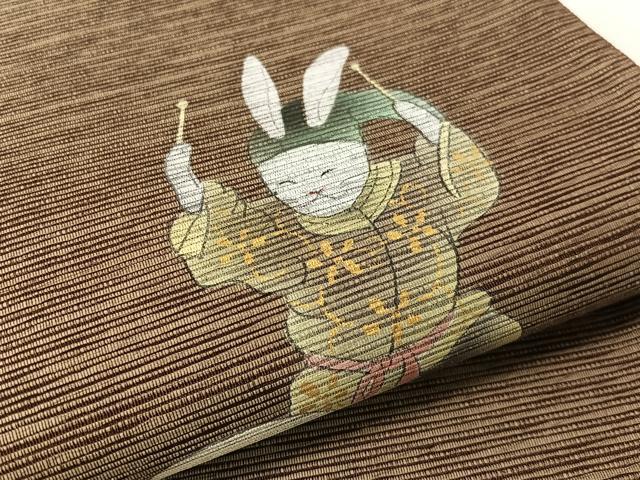 平和屋着物●両面　太鼓柄袋帯　手描き　紙布　兎　金彩　正絹　逸品　未使用　CABK4697vp