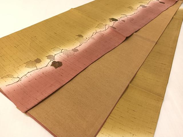 平和屋着物●両方向　太鼓柄袋帯　ぜんまい紬　葡萄蔦の葉文　金彩　正絹　逸品　未使用　CABK4699vp